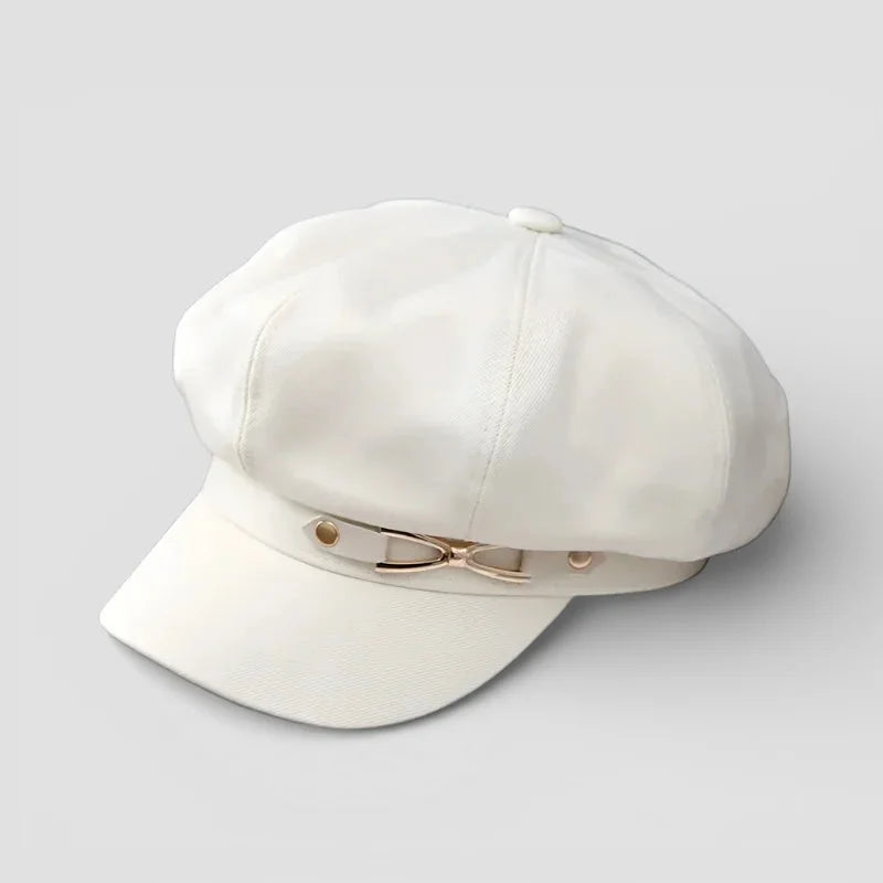 White structured newsboy cap with gold-tone bow on Beret Hat With Cap