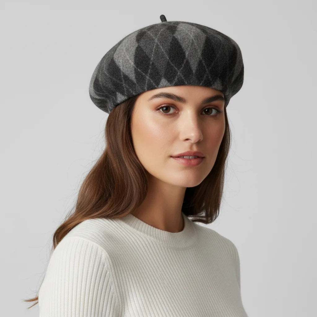 Gray argyle wool beret with black button top, Beret Knit Pattern