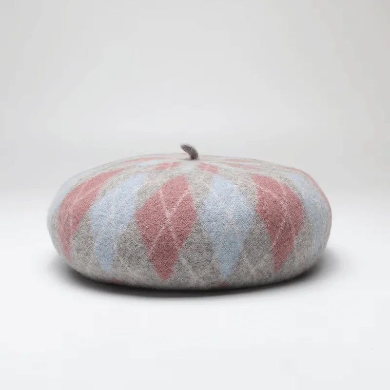 Pink and blue argyle beret.
