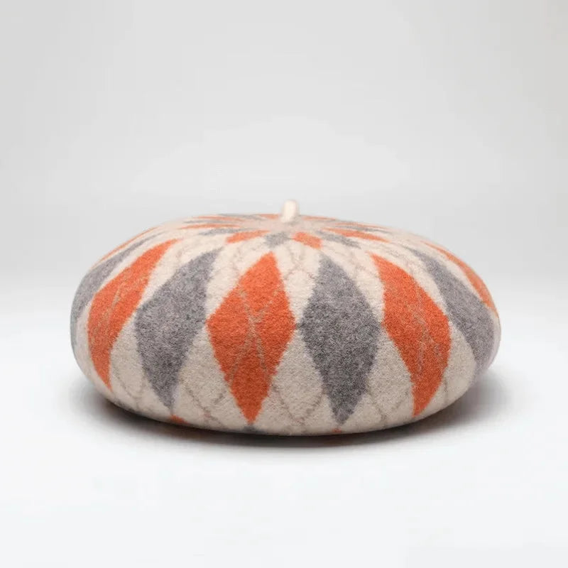 Beret Knit Pattern: orange and gray diamond wool beret