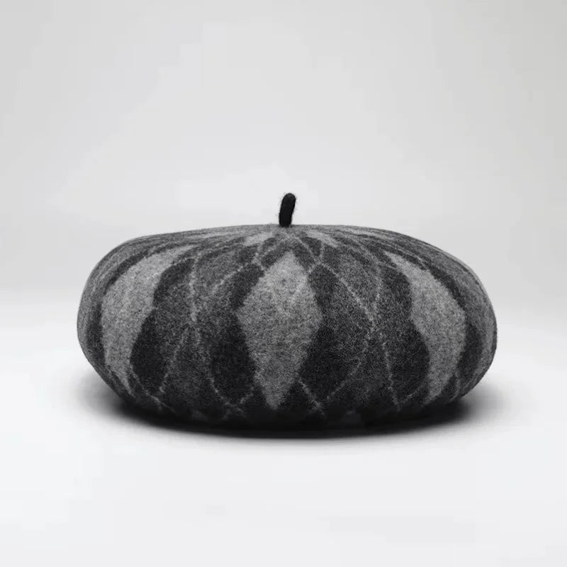 Round woolen Beret Knit Pattern beret with gray black argyle design