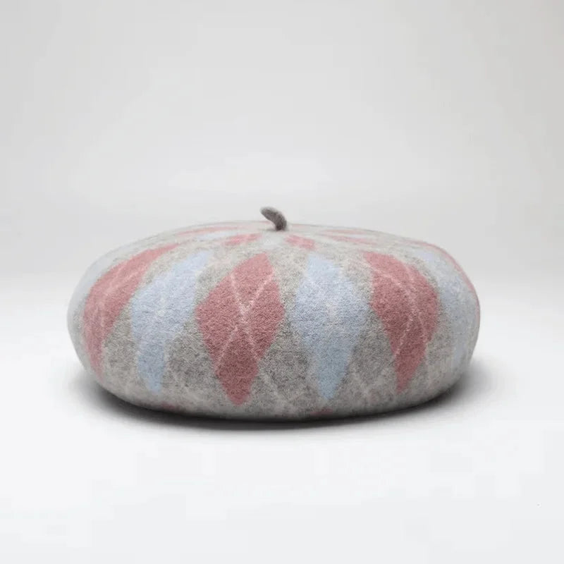 Soft felt beret in classic argyle pattern, muted pink and light blue, Beret Knit Pattern