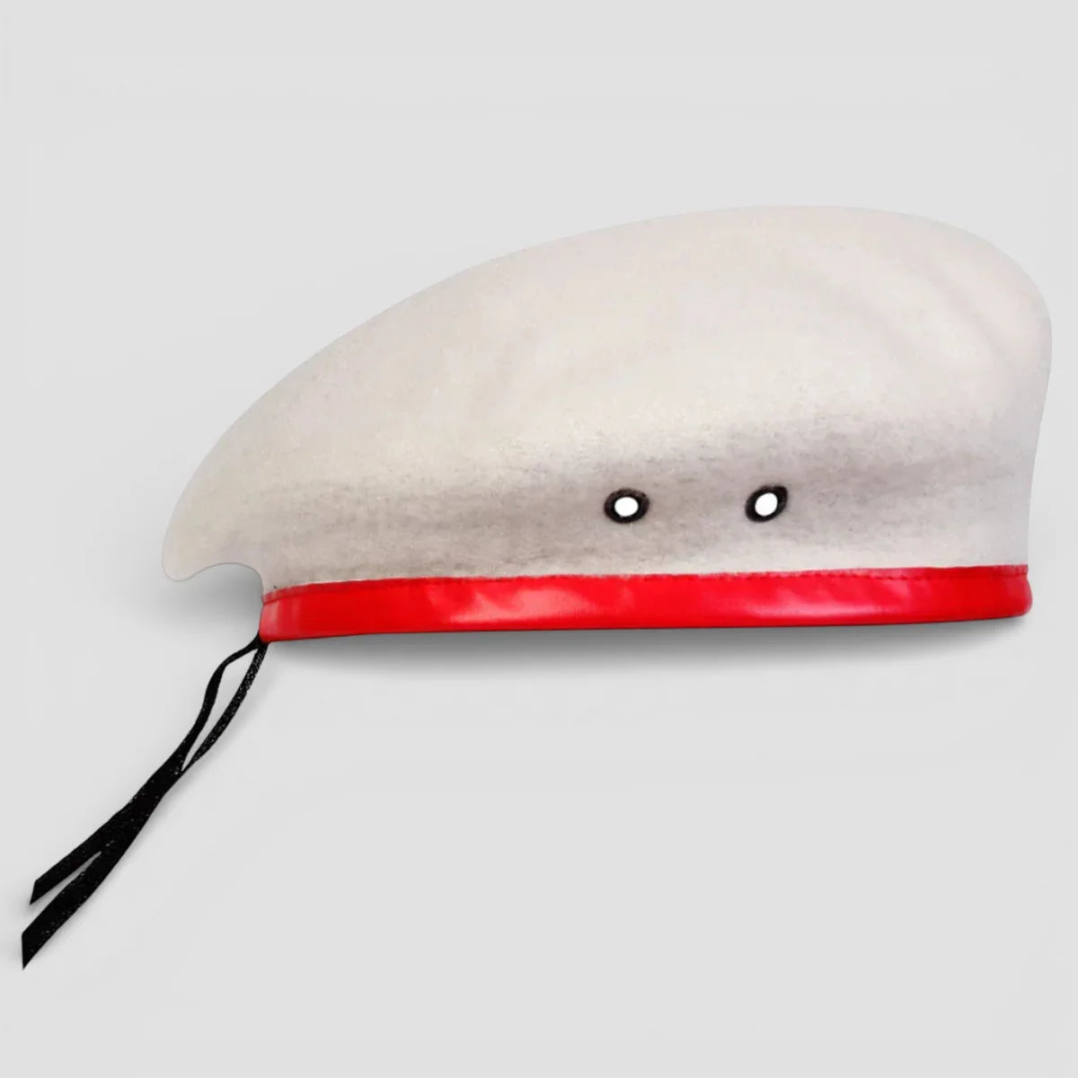 Cream wool beret with glossy red band and black drawstring, Beret Leather Band