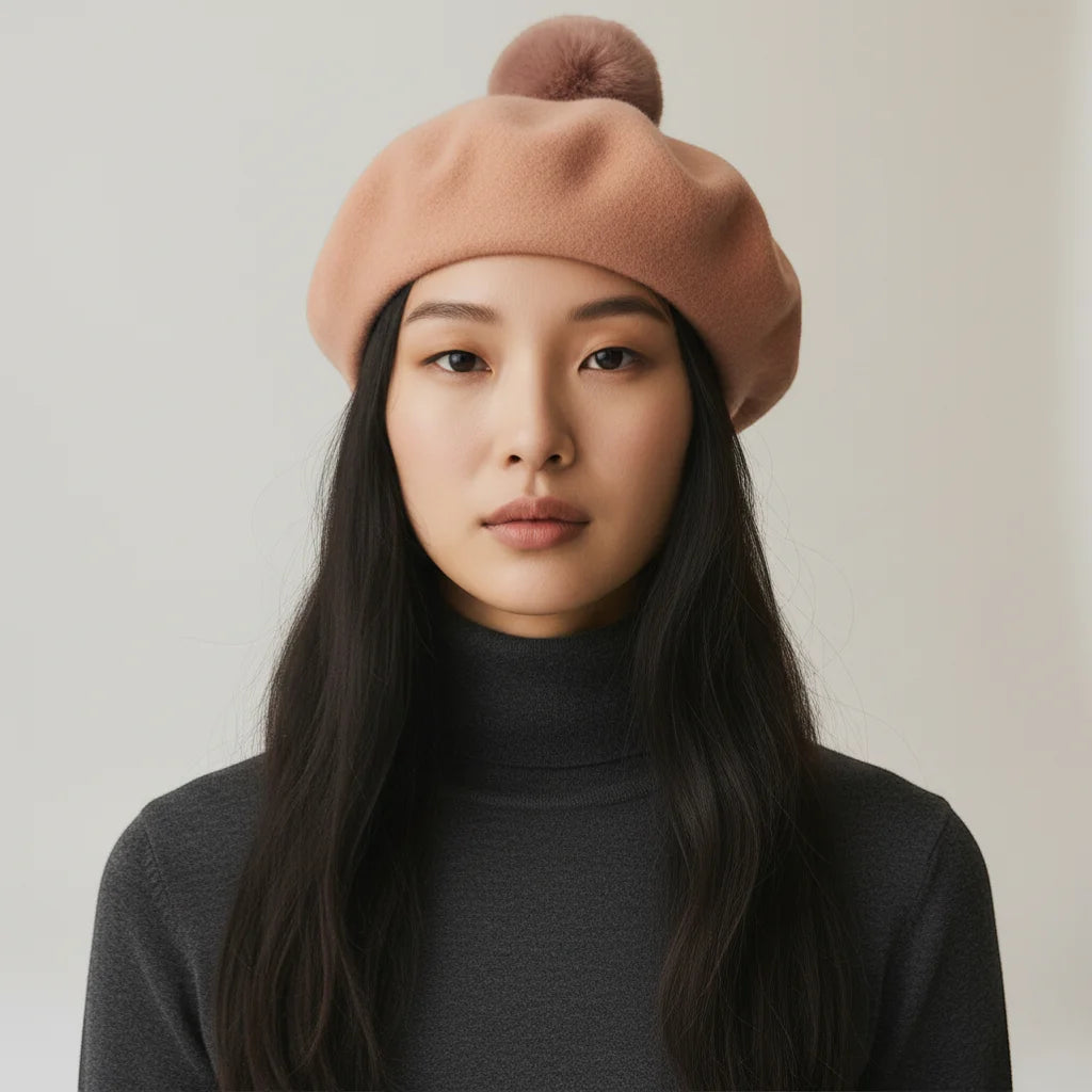 Soft peach beret with fluffy pom-pom top, Beret Pom Pom product