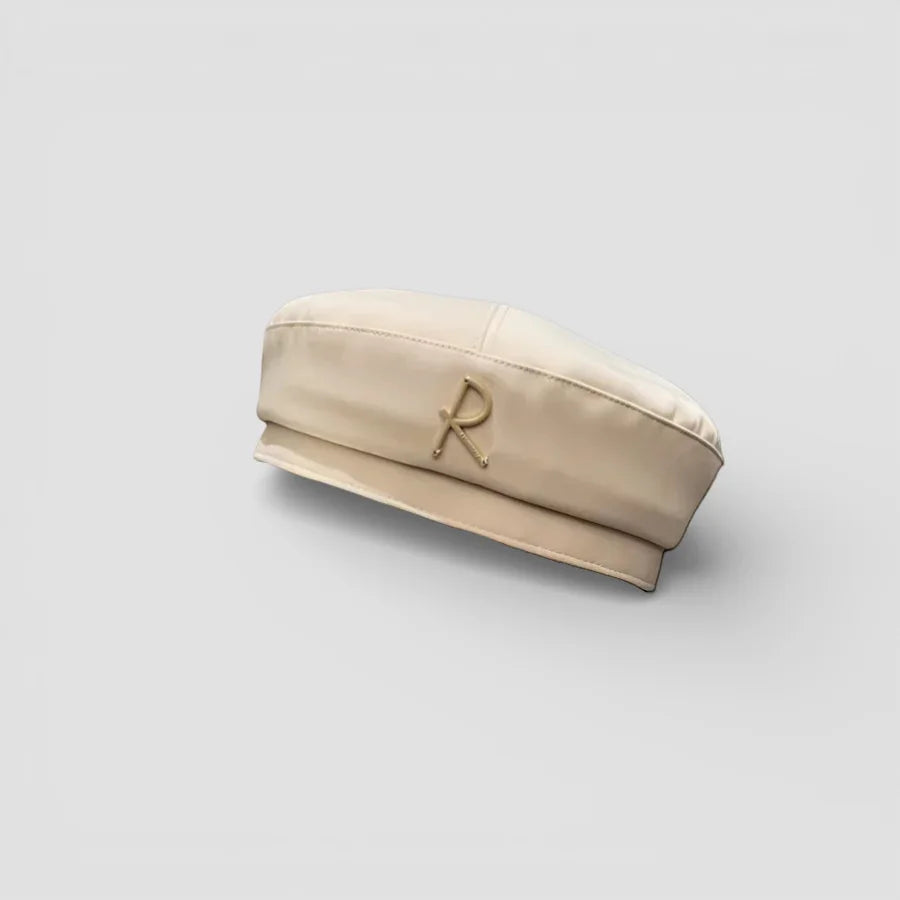 Beret R beige satin beret with gold-tone r emblem