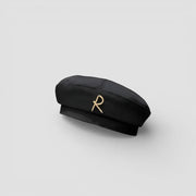 Black satin Beret R with gold-tone r logo emblem