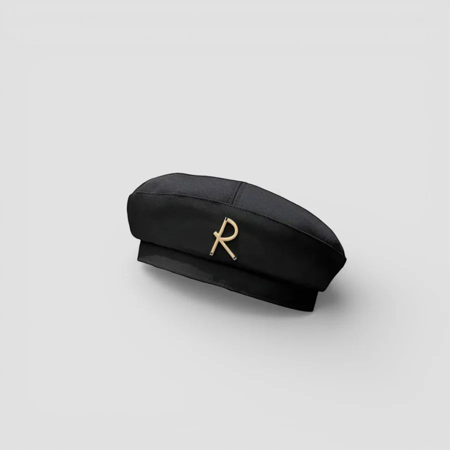 Black satin Beret R with gold-tone r logo emblem