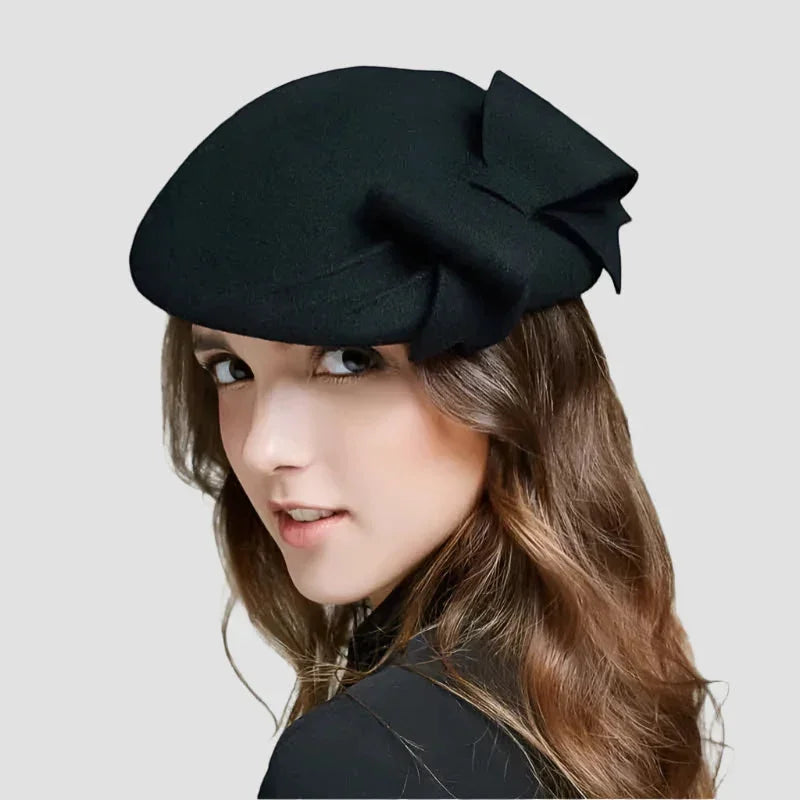 Black felt beret with large textured bow, Beret with Bow product