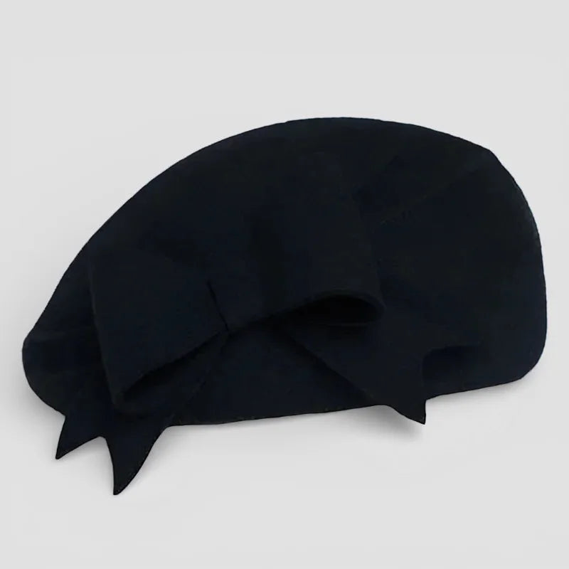 Black felt beret with large draped bow on side, Beret with Bow product