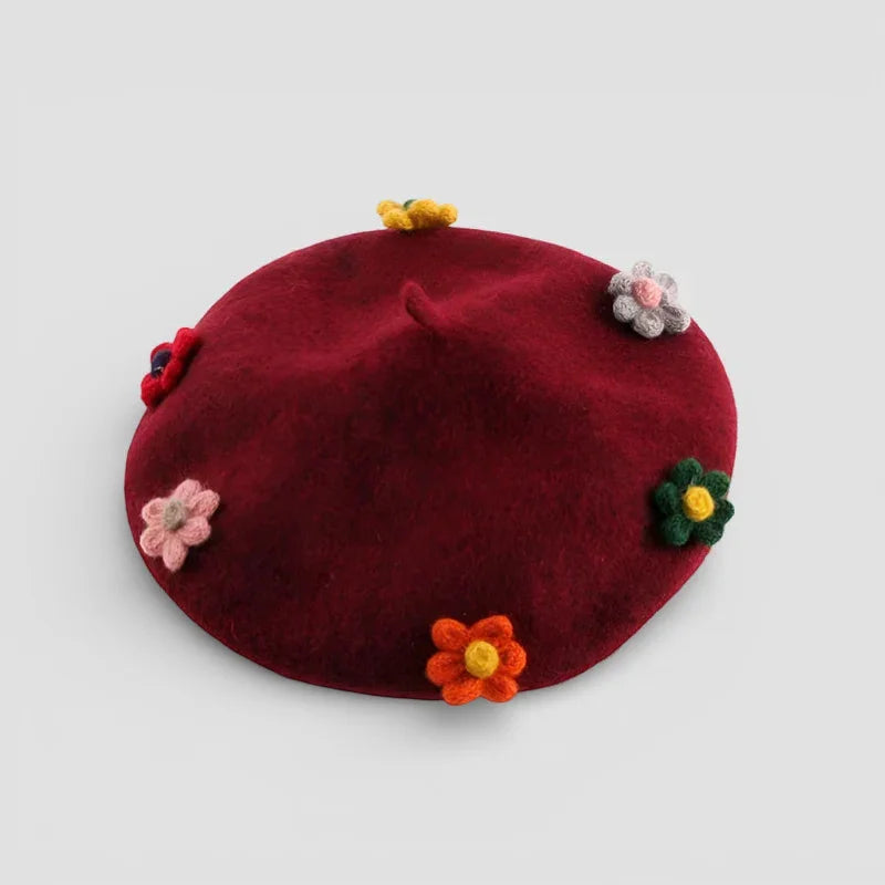 Maroon velvet Beret with Flower in pink, orange, green, gray crochet