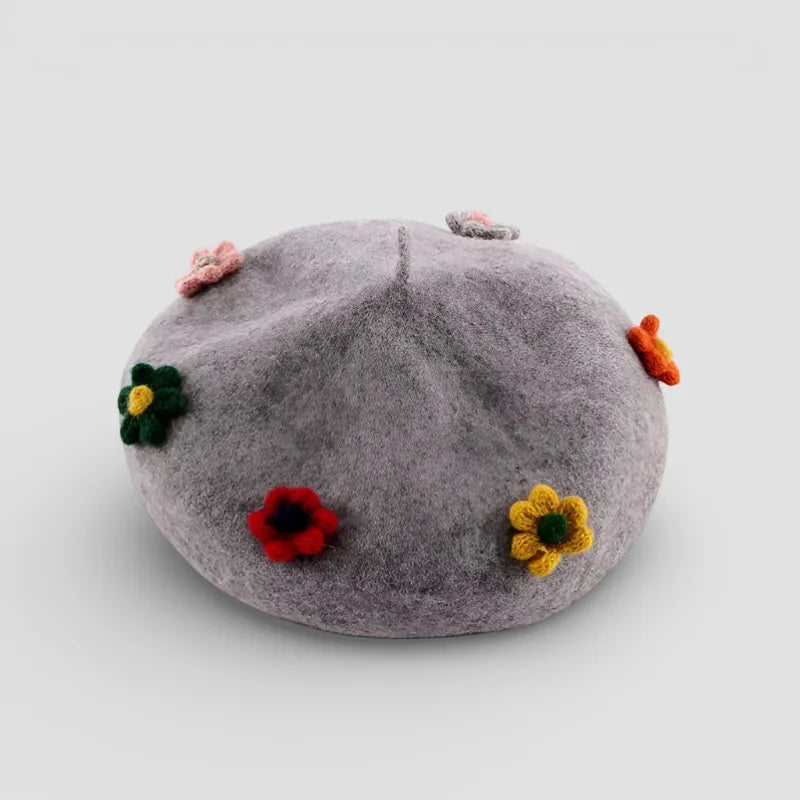 Soft gray felt Beret with Flower in colorful crochet blooms