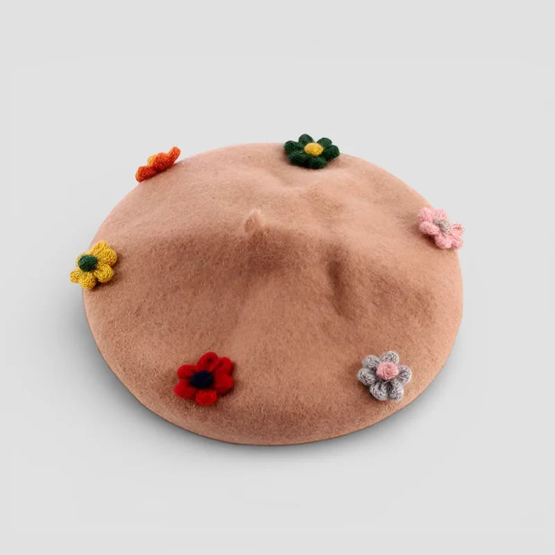 Soft peach felt Beret with Flower in red, yellow, green, pink, gray crochet