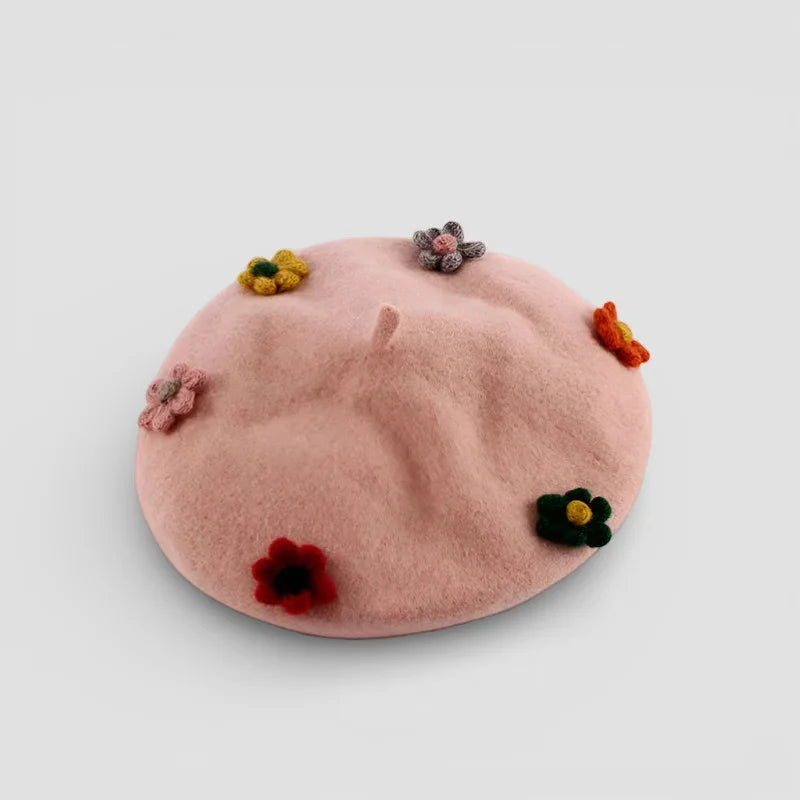 Soft pink felt Beret with Flower in red, yellow, green, orange crochet