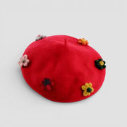 Vibrant red felt Beret with Flower in pink, orange, yellow, green crochet