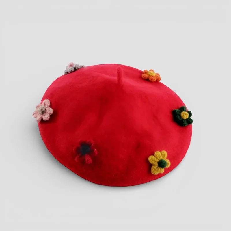 Vibrant red felt Beret with Flower in pink, orange, yellow, green crochet