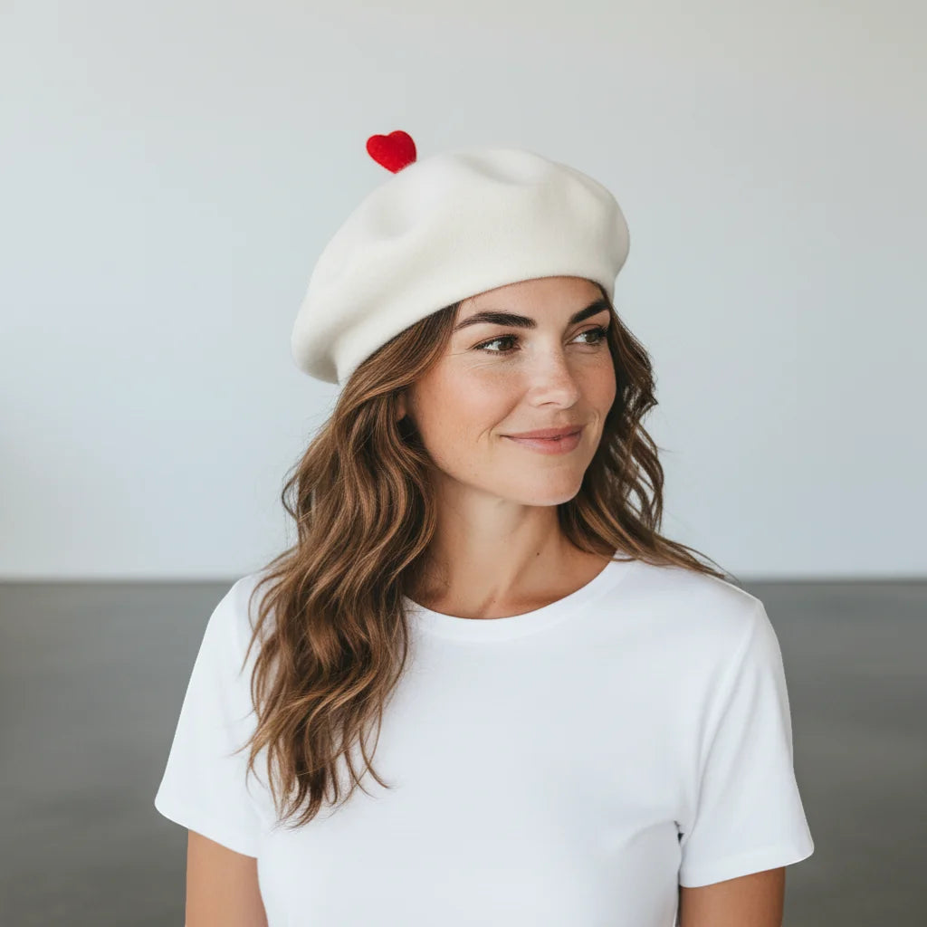 White Beret with Red Heart Accent from Beret With Hearts