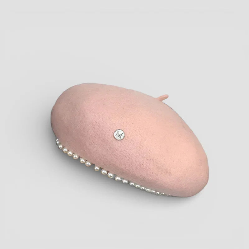 Soft pink Beret with Pearls, pearl-edged beret with metallic logo