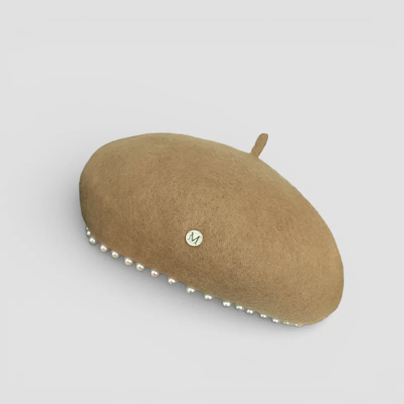 Tan felt Beret with Pearls: white pearl brim, metallic M logo