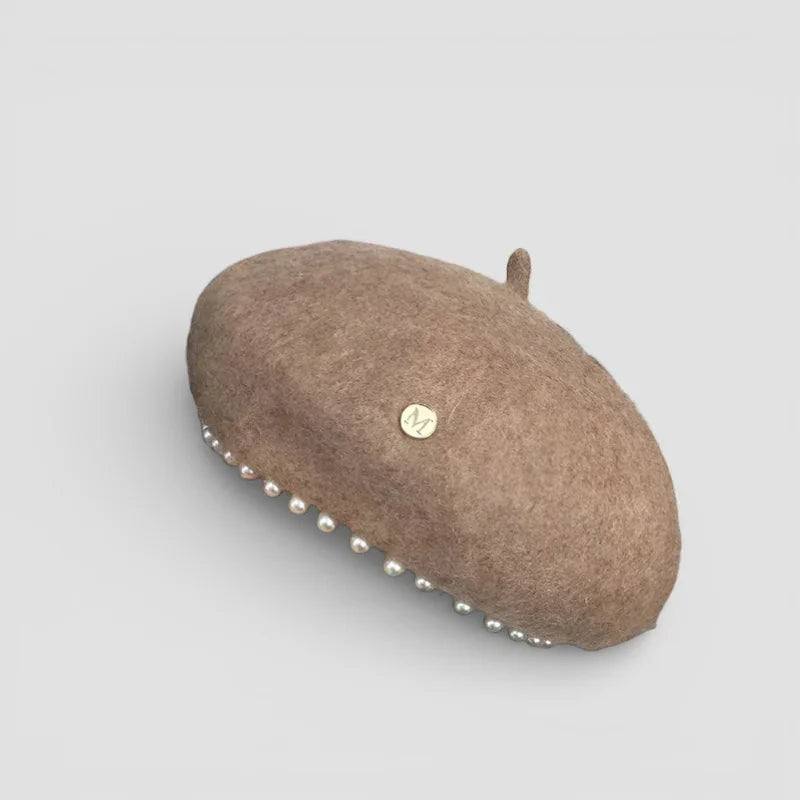 Taupe felt Beret with Pearls and silver pearl edge, gold emblem