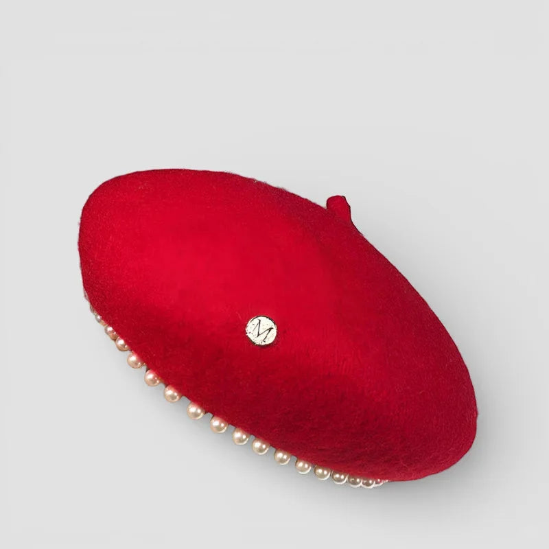 Vibrant red felt Beret with Pearls and silver emblem