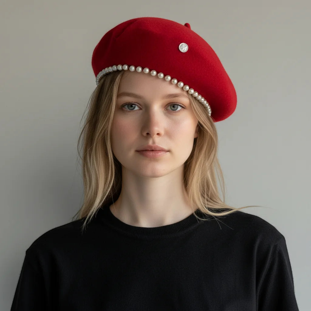 Vibrant red velvet Beret with Pearls, pearl-trimmed brim, silver emblem
