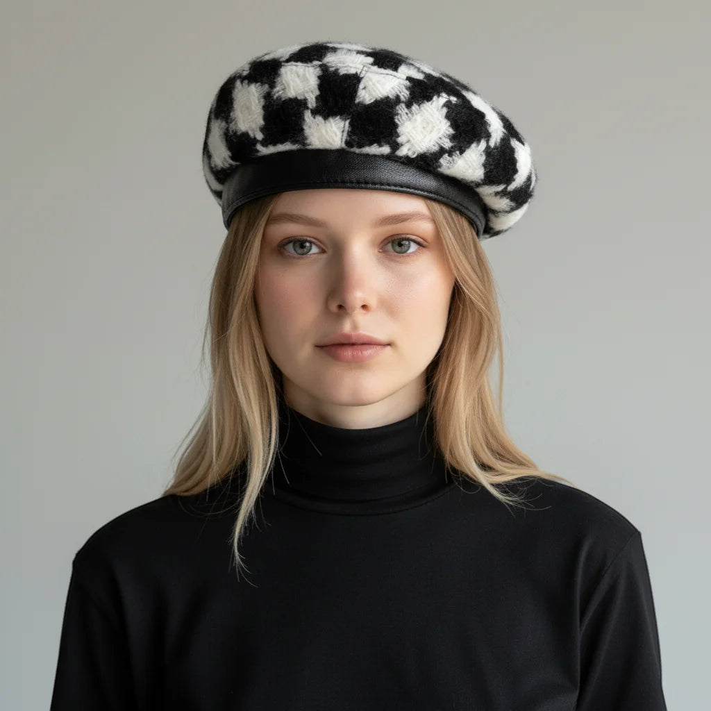 Black and white checkered beret with smooth leather band