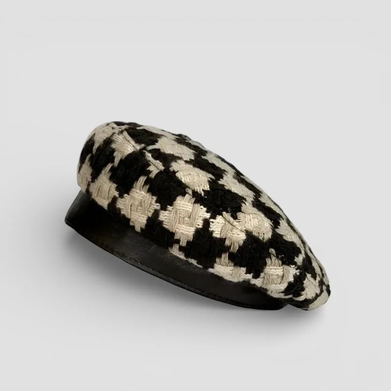 Black and cream houndstooth tweed beret with black leather brim