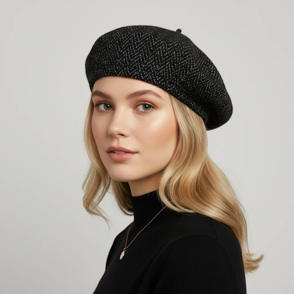 Black Basque Beret in herringbone pattern with subtle shimmer