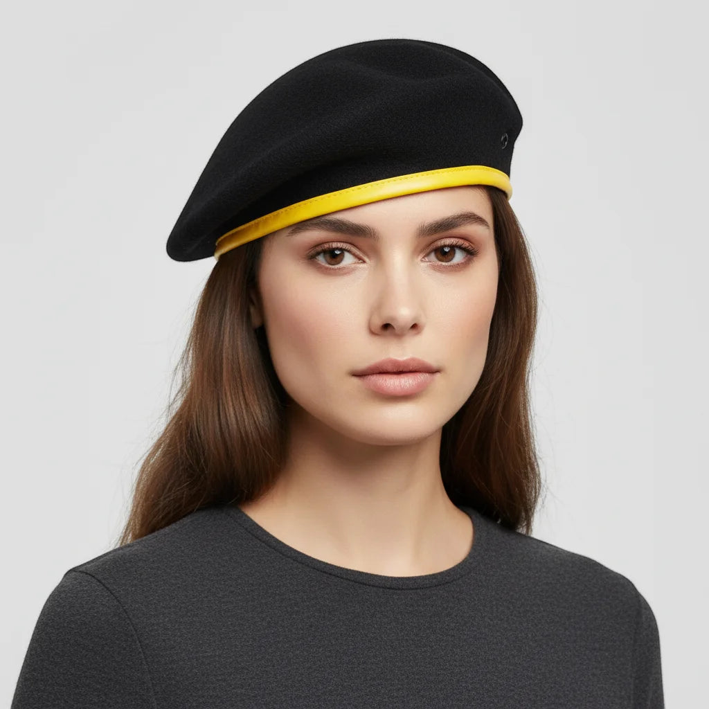 Black beret army style with bright yellow leather trim
