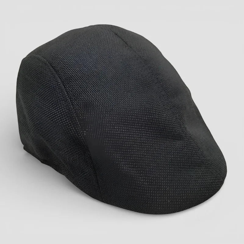 Black textured flat cap with classic structured design, Black Beret Cap