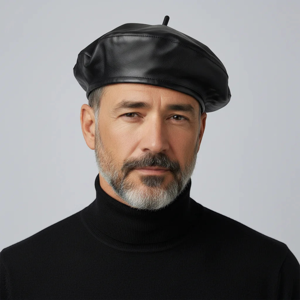 Black leather beret with small top button, leather trim detail