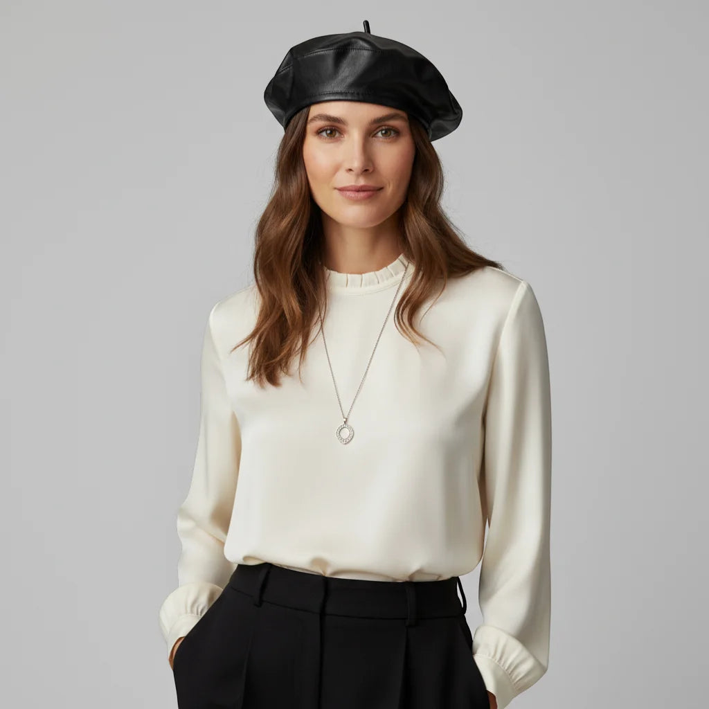 Black leather beret in Black Beret Leather Trim product