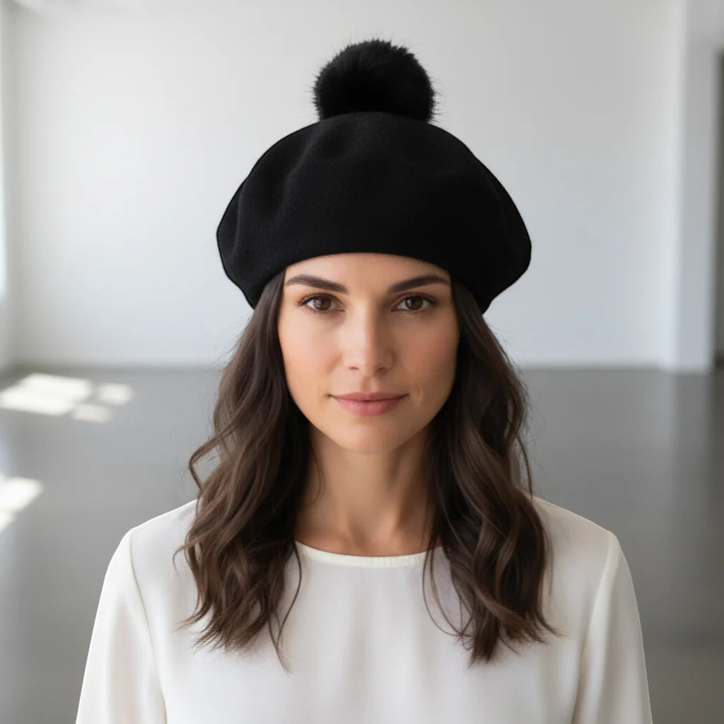 Black beret with fluffy pom-pom on top