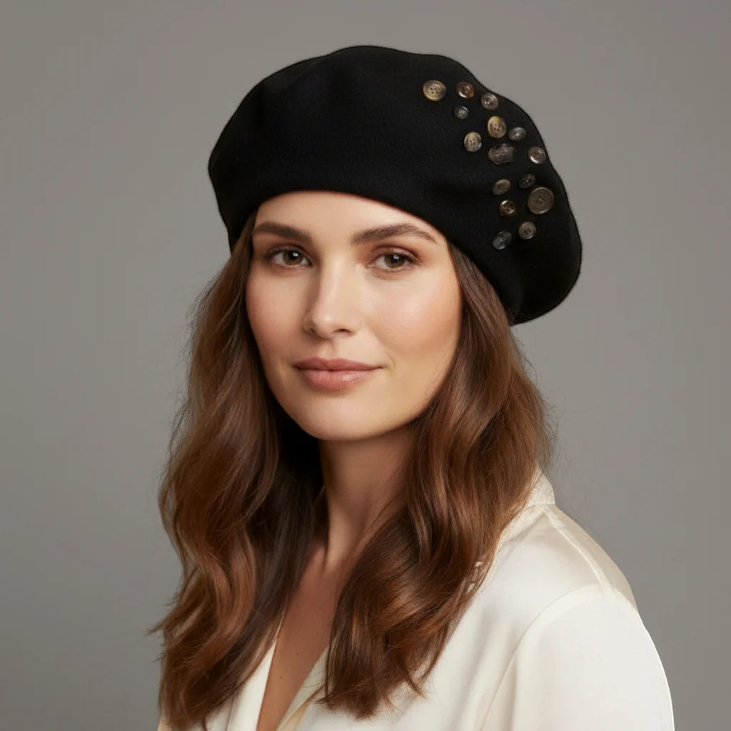 Black Button Beret with array of metallic buttons in varying sizes and shapes