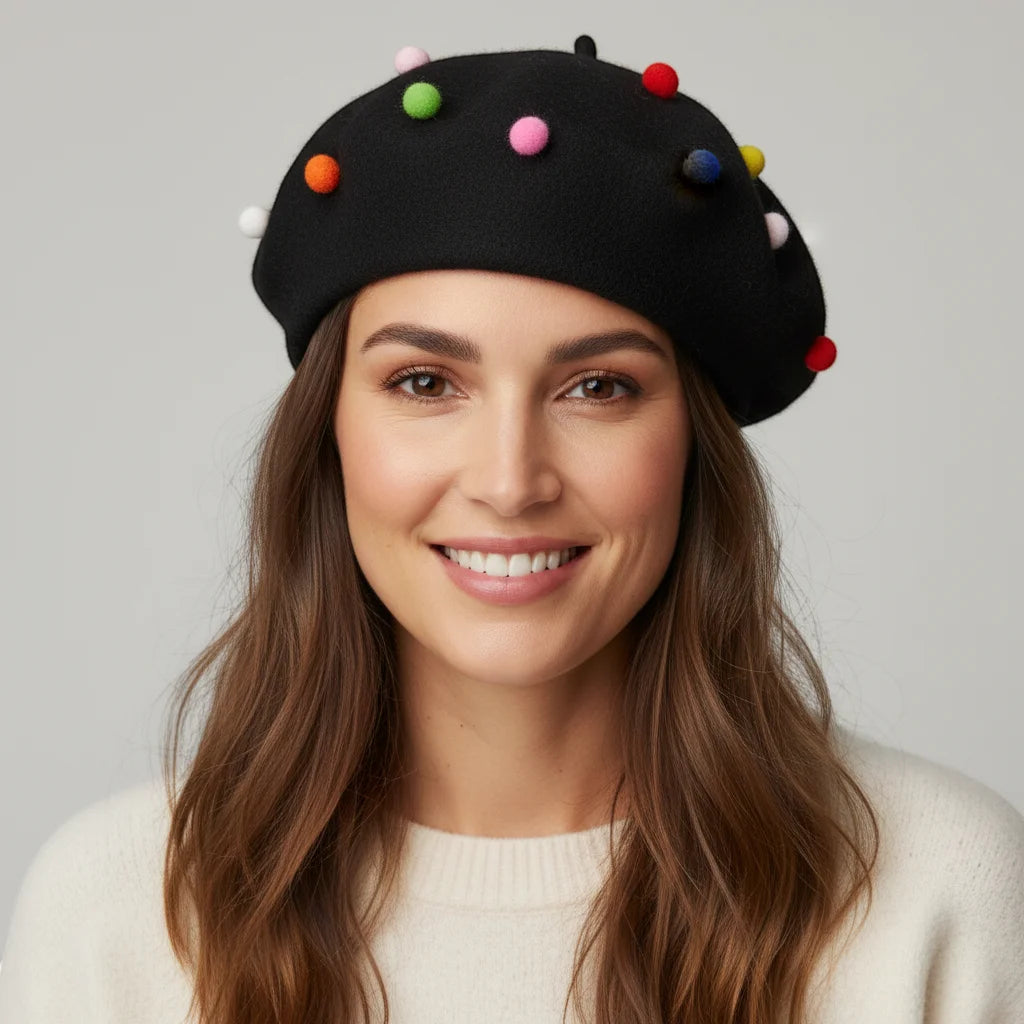 Black Candy Beret with colorful pink green orange red blue pom-poms