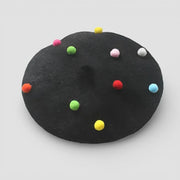 Black Candy Beret with colorful pink green red yellow blue white pom-poms