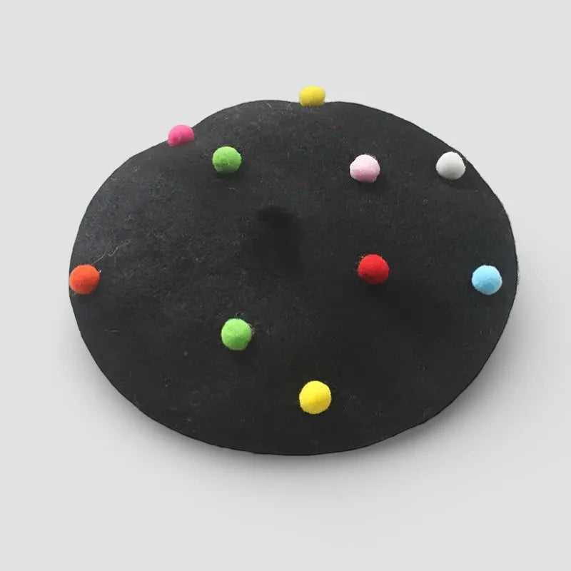 Black Candy Beret with colorful pink green red yellow blue white pom-poms