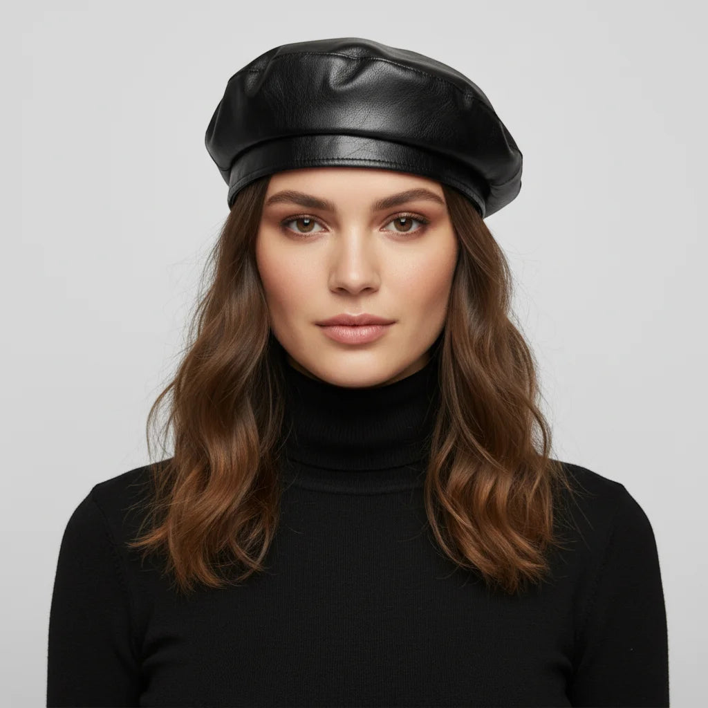 Black faux leather beret product display