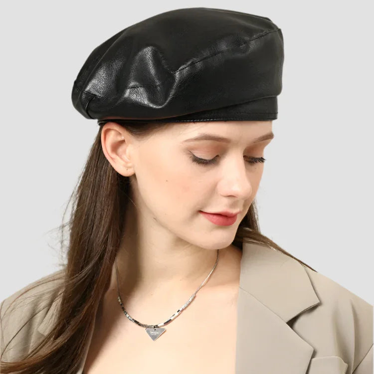 Black leather beret.