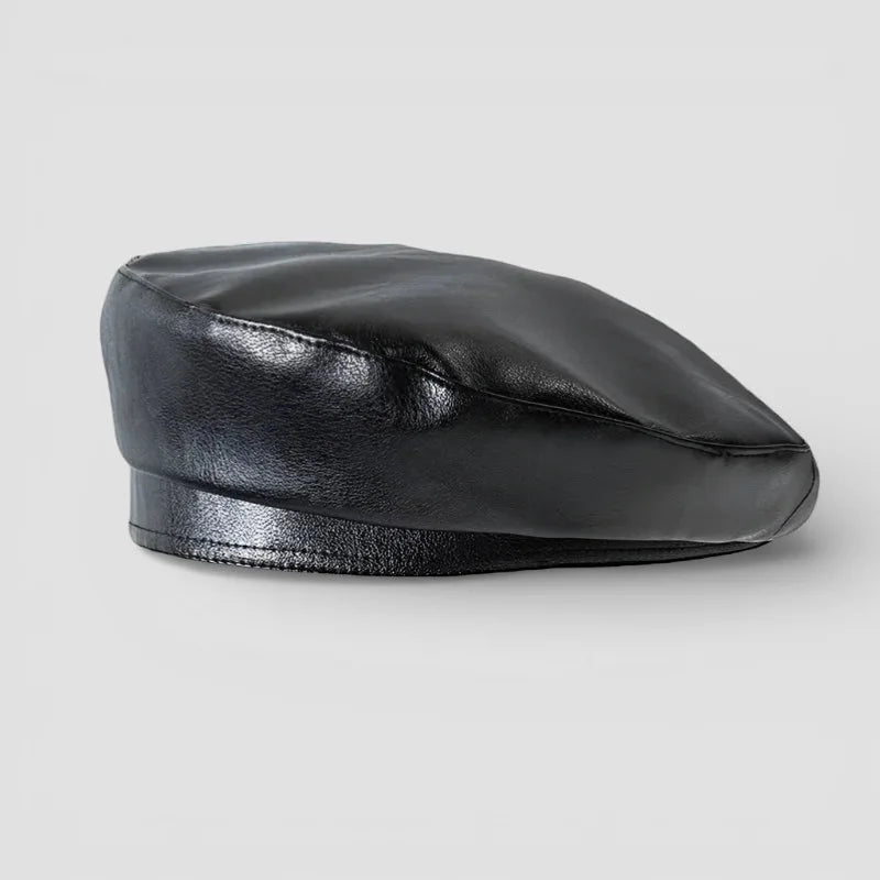 Black faux leather beret with smooth glossy finish and subtle stitching