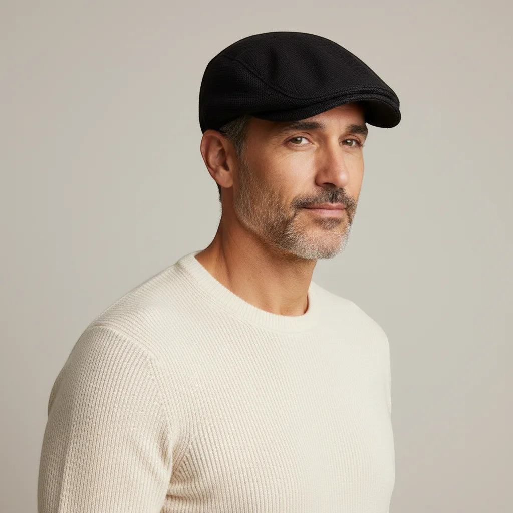 Black flat cap beret with structured textured fabric and peaked brim