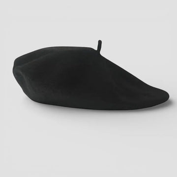 Sleek black French beret with matte finish and top button