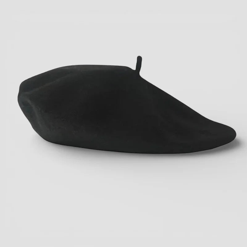 Sleek black French beret with matte finish and top button