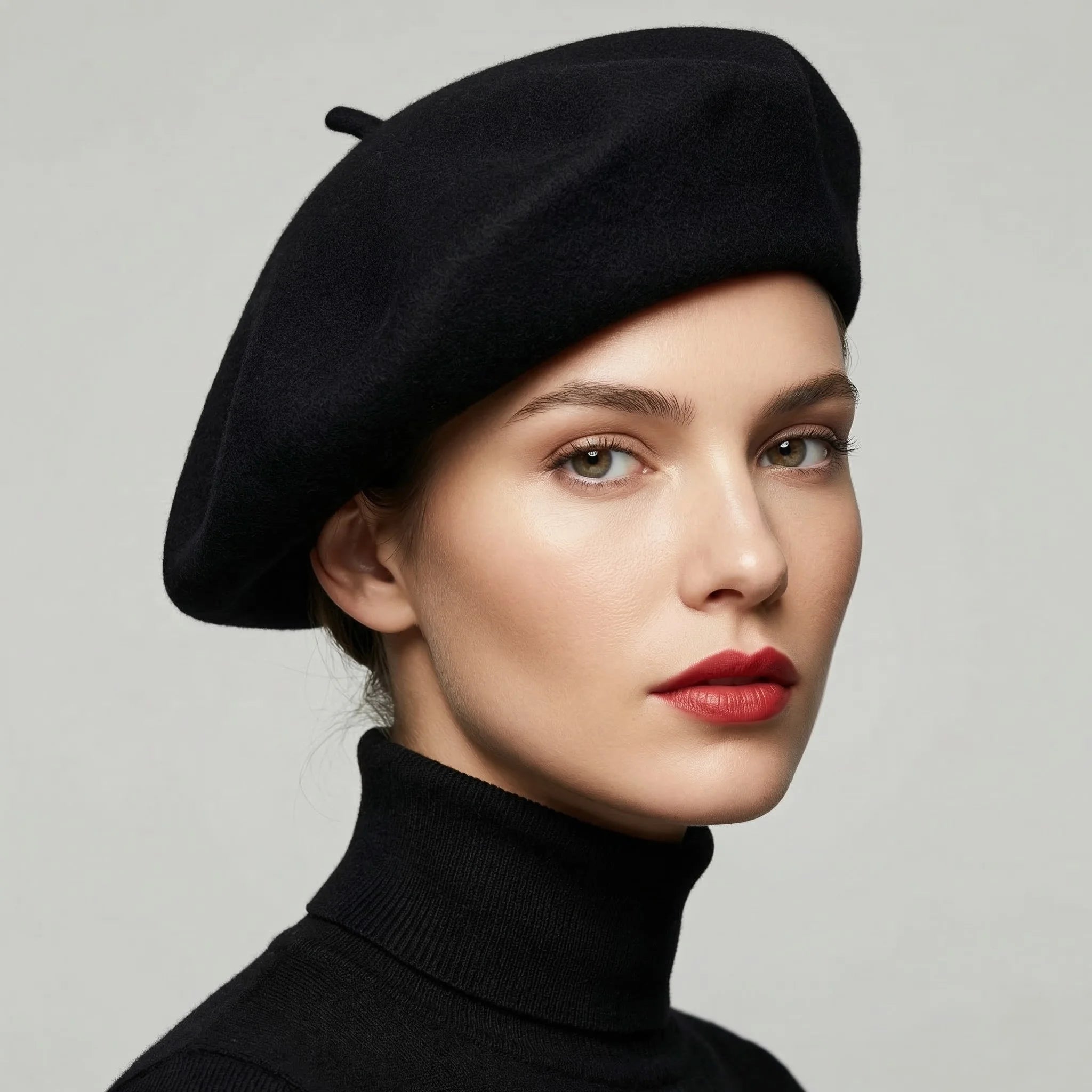 Black French beret with soft textured fabric and top button
