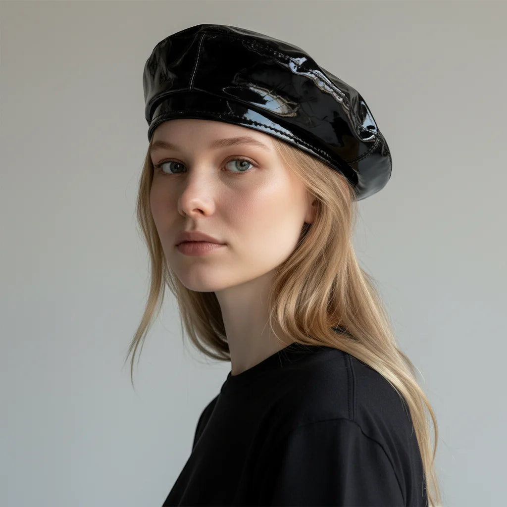 Black glossy patent leather beret with stitched seams