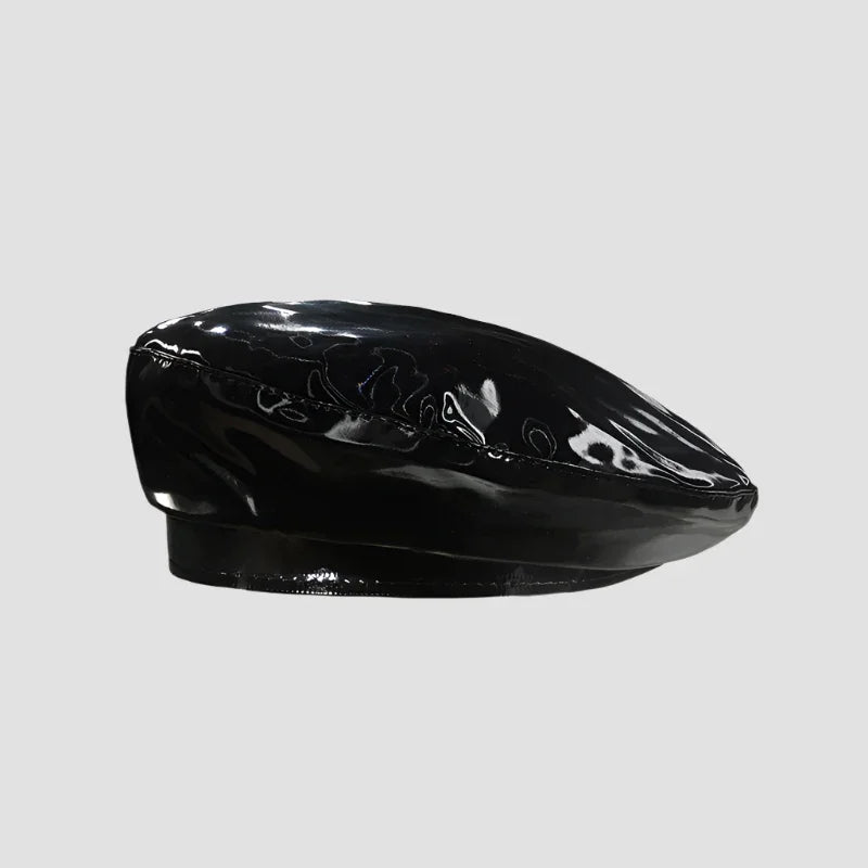 Shiny black beret.