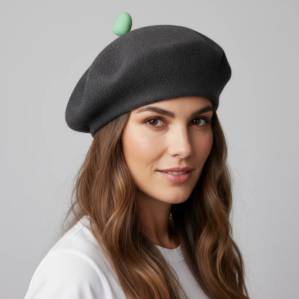 Black Heart Beret: dark gray felt with mint green spherical accent