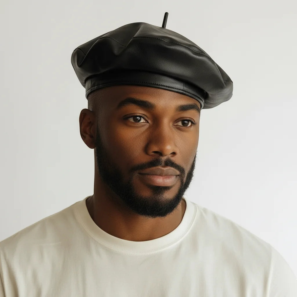 Black leather beret hat with small central button