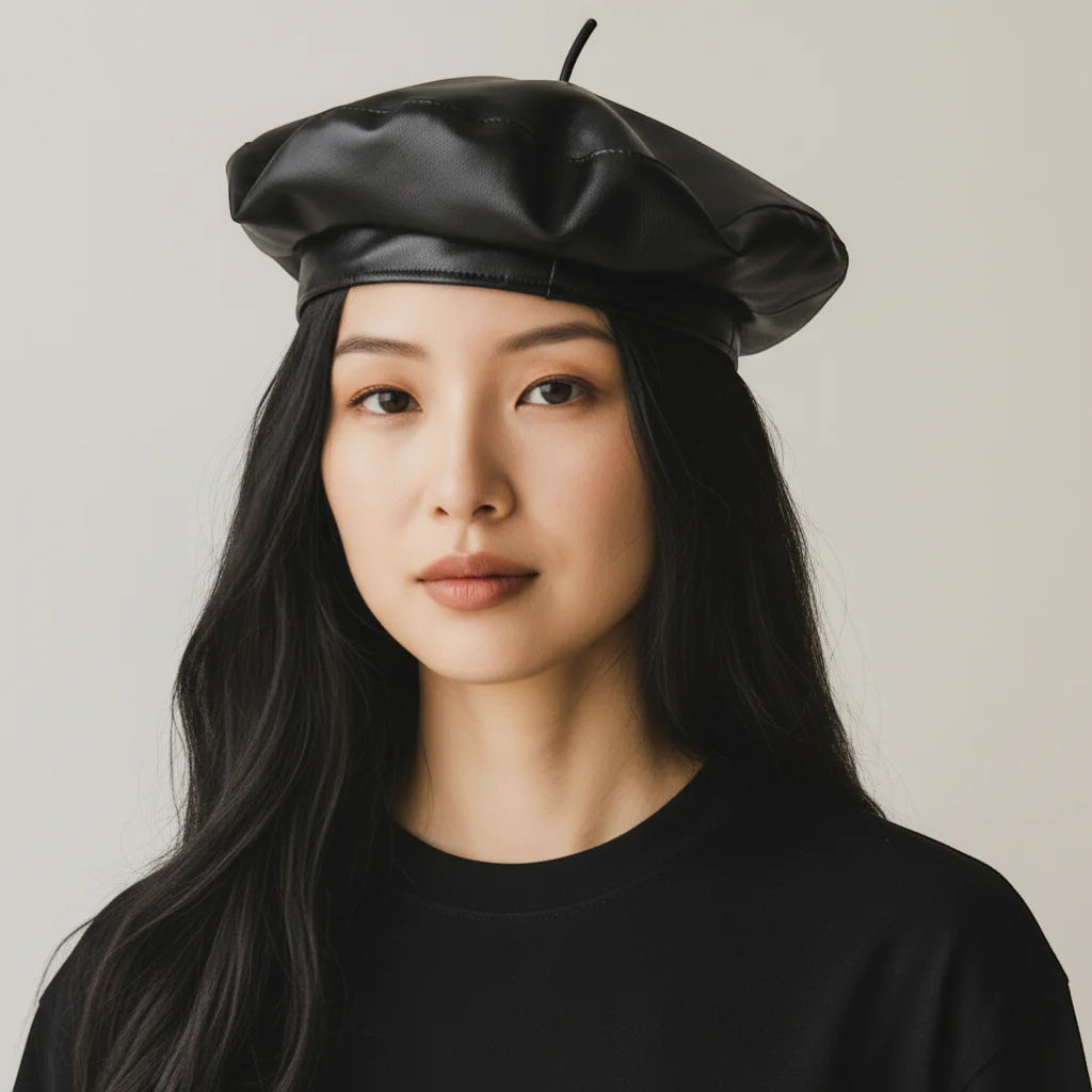 Black leather beret hat with small decorative stem on top