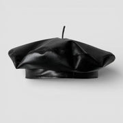 Black faux leather beret hat with sheen and stitched details